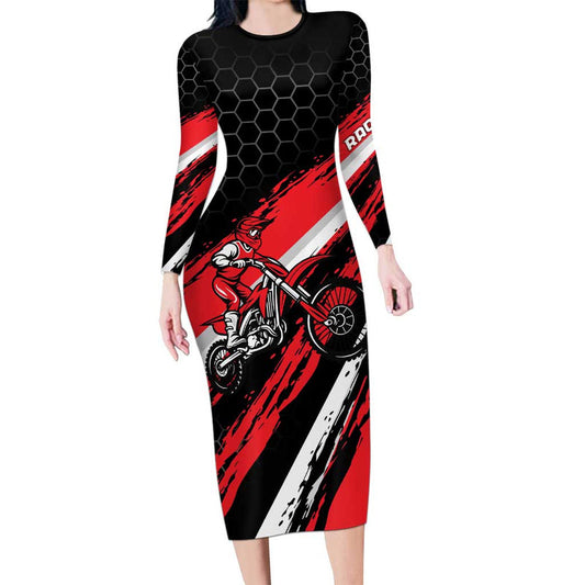 Custom Dirt Bike Motocross Rider Red Black Hex Pattern And Racing Number Long Sleeve Bodycon Dress