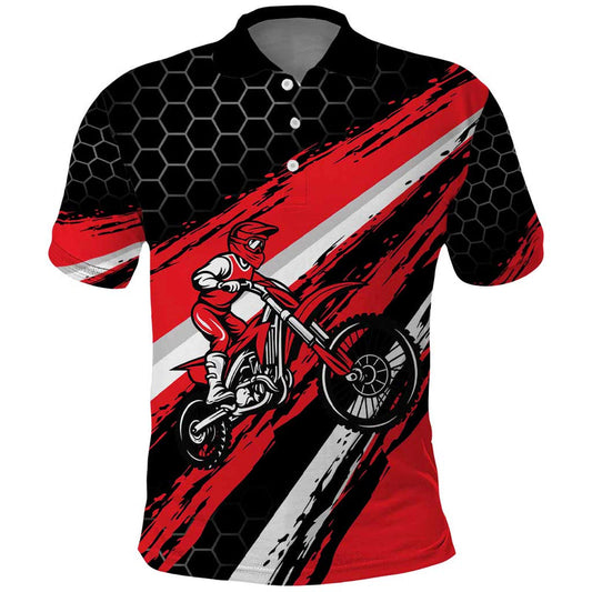 Custom Dirt Bike Motocross Rider Red Black Hex Pattern and Racing Number Polo Shirt