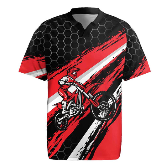 Custom Dirt Bike Motocross Rider Red Black Hex Pattern And Racing Number Rugby Jersey