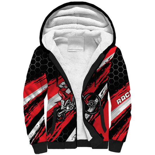 Custom Dirt Bike Motocross Rider Red Black Hex Pattern and Racing Number Sherpa Hoodie