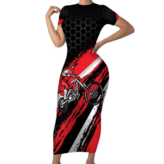 Custom Dirt Bike Motocross Rider Red Black Hex Pattern And Racing Number Short Sleeve Bodycon Dress