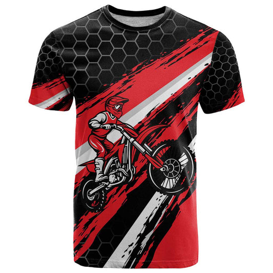 Custom Dirt Bike Motocross Rider Red Black Hex Pattern and Racing Number T Shirt