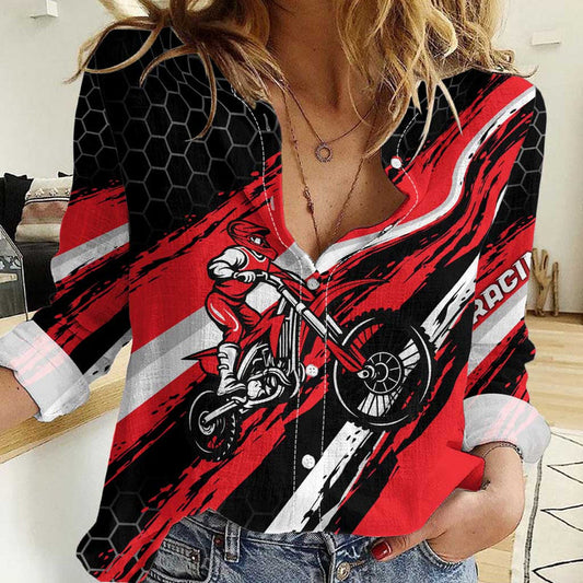 Custom Dirt Bike Motocross Rider Red Black Hex Pattern and Racing Number Women Casual Shirt