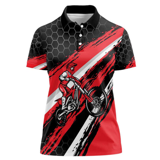Custom Dirt Bike Motocross Rider Red Black Hex Pattern and Racing Number Women Polo Shirt