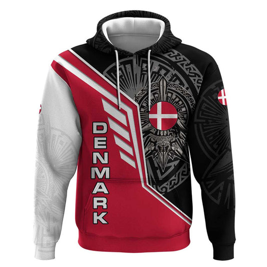 Denmark Flag with Viking Rune Pattern and Nordic Crest Design Hoodie
