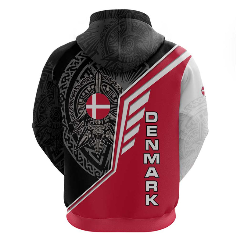 Denmark Flag with Viking Rune Pattern and Nordic Crest Design Hoodie
