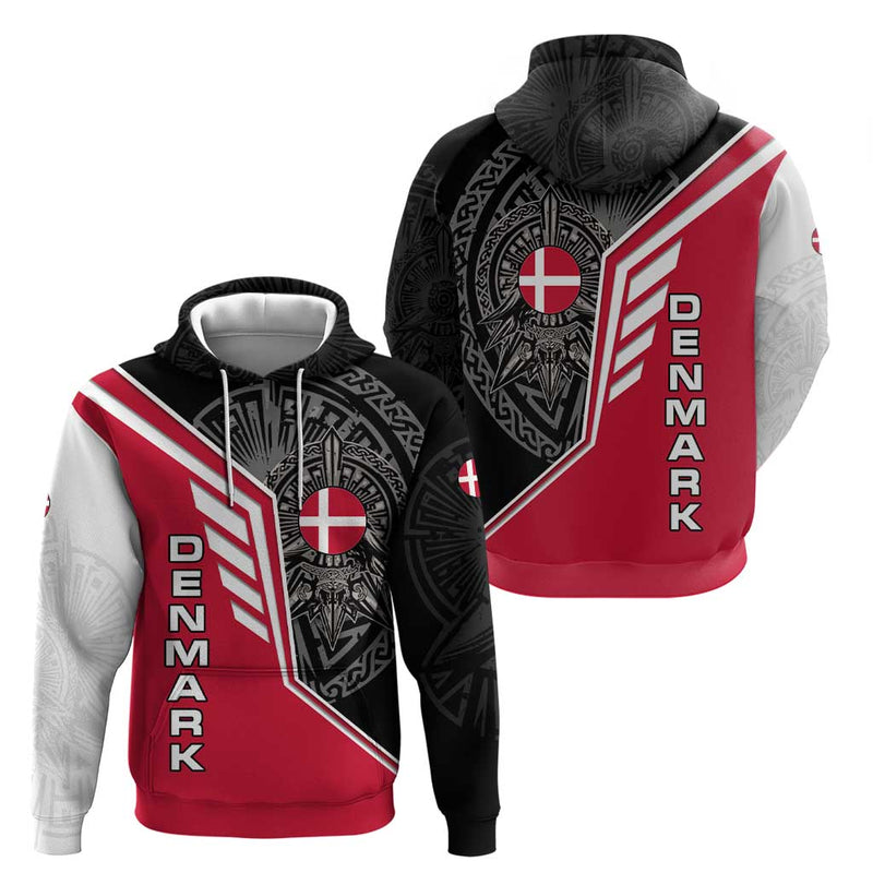 Denmark Flag with Viking Rune Pattern and Nordic Crest Design Hoodie