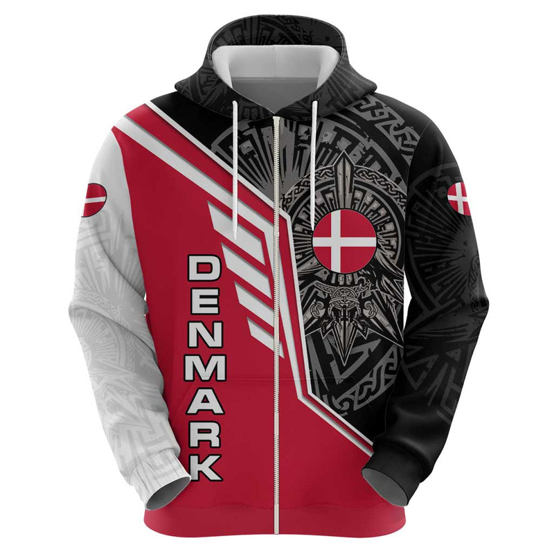 Denmark Flag with Viking Rune Pattern and Nordic Crest Design Hoodie