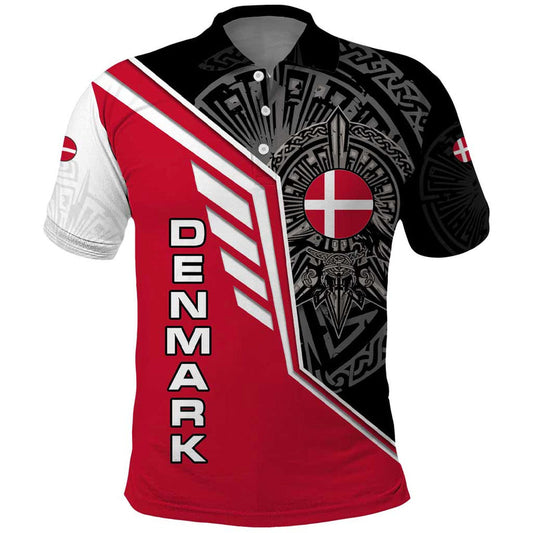 Denmark Flag with Viking Rune Pattern and Nordic Crest Design Polo Shirt
