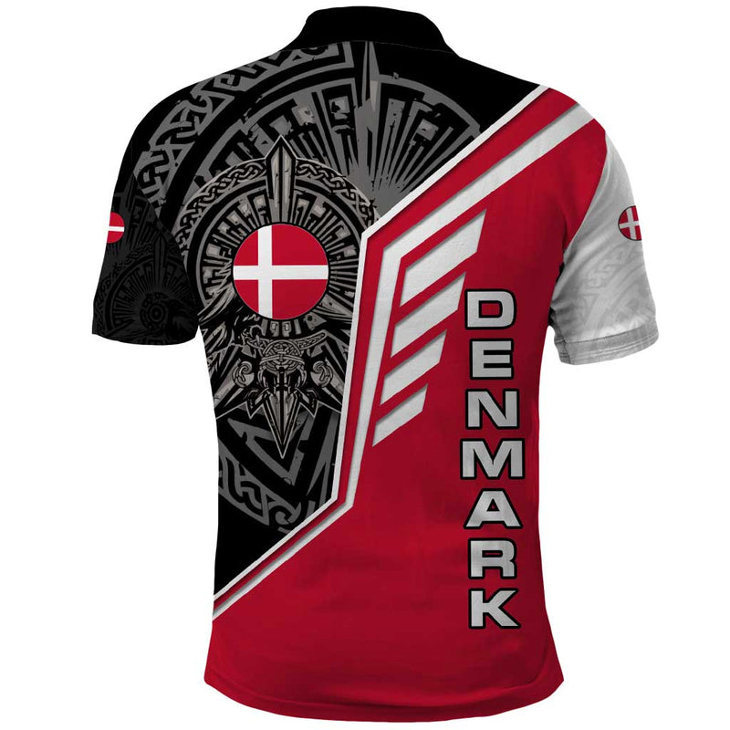Denmark Flag with Viking Rune Pattern and Nordic Crest Design Polo Shirt