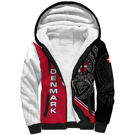 Denmark Flag with Viking Rune Pattern and Nordic Crest Design Sherpa Hoodie