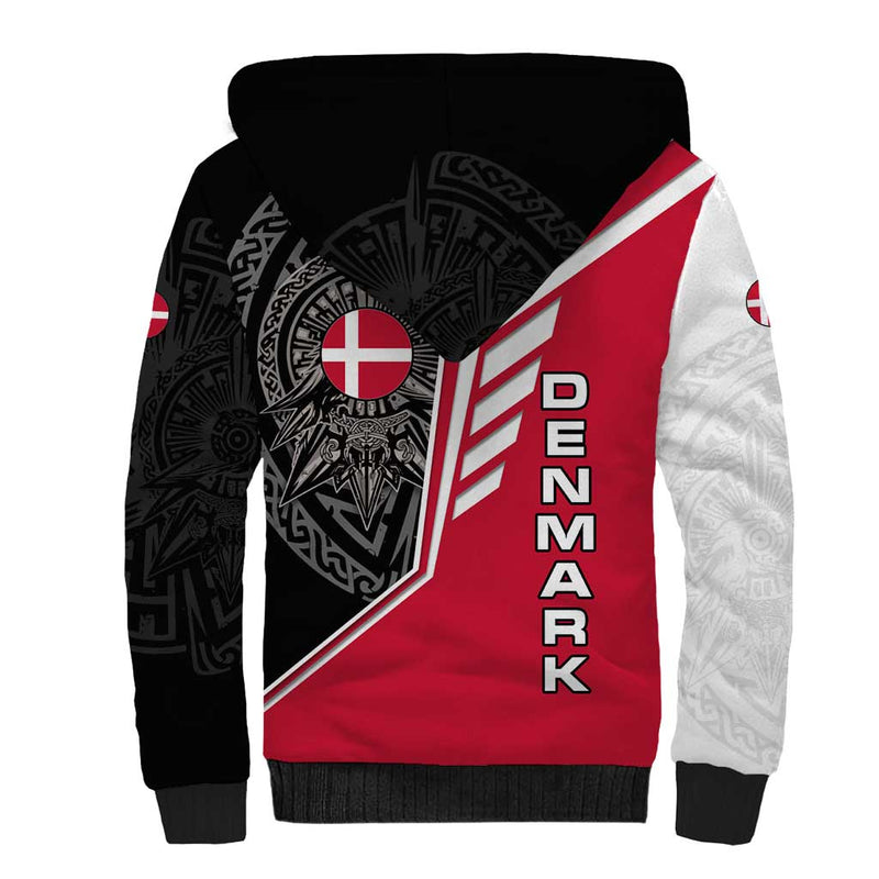 Denmark Flag with Viking Rune Pattern and Nordic Crest Design Sherpa Hoodie