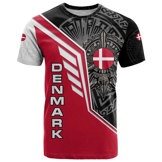 Denmark Flag with Viking Rune Pattern and Nordic Crest Design T Shirt