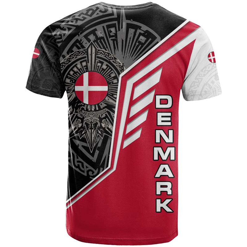 Denmark Flag with Viking Rune Pattern and Nordic Crest Design T Shirt