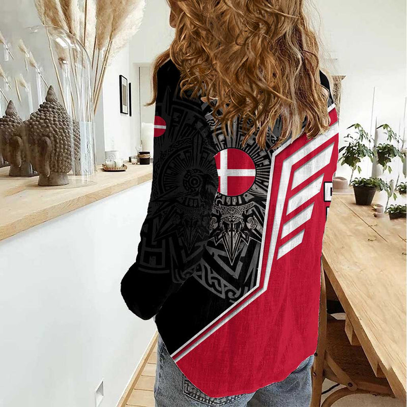Denmark Flag with Viking Rune Pattern and Nordic Crest Design Women Casual Shirt