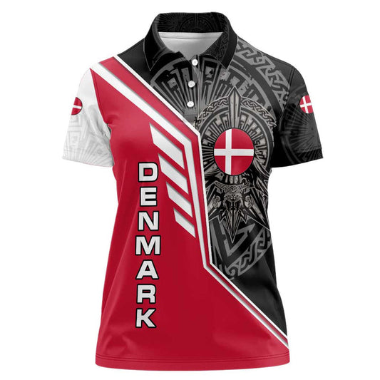Denmark Flag with Viking Rune Pattern and Nordic Crest Design Women Polo Shirt