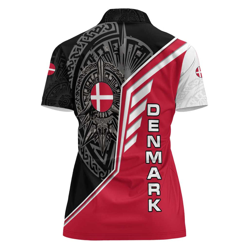 Denmark Flag with Viking Rune Pattern and Nordic Crest Design Women Polo Shirt