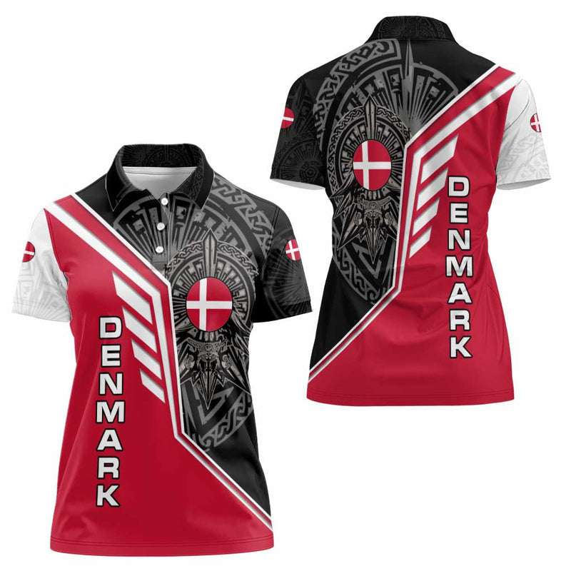Denmark Flag with Viking Rune Pattern and Nordic Crest Design Women Polo Shirt