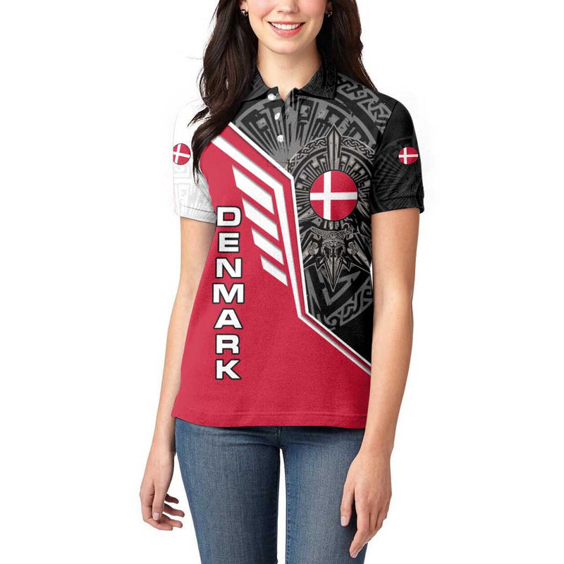 Denmark Flag with Viking Rune Pattern and Nordic Crest Design Women Polo Shirt