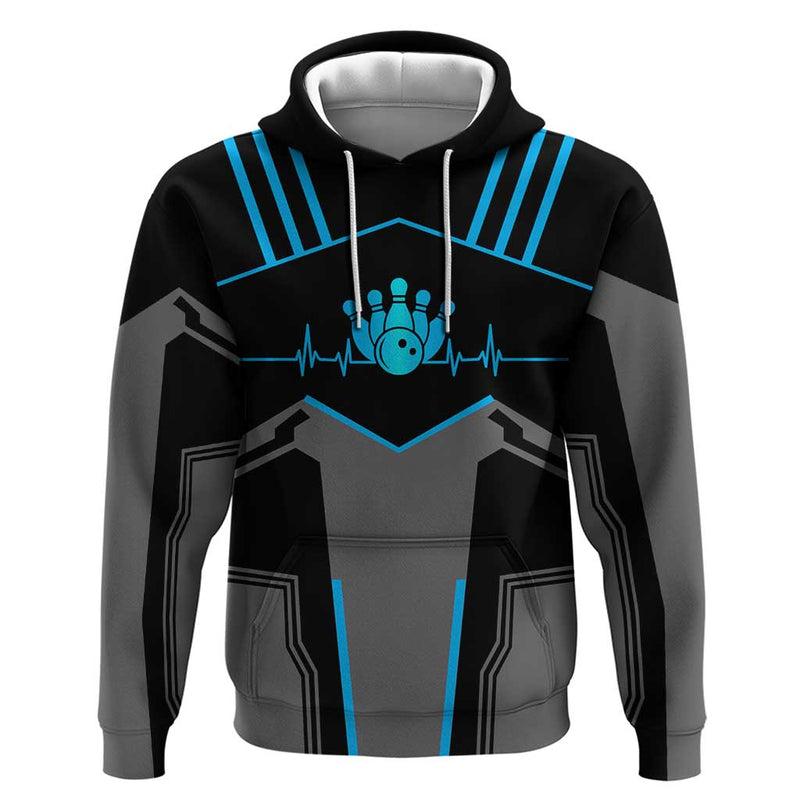 Custom Bowling Team with Blue Bowling Pin Heartbeat Graphic and Winged Emblem Hoodie
