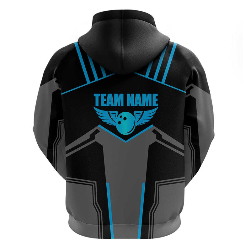 Custom Bowling Team with Blue Bowling Pin Heartbeat Graphic and Winged Emblem Hoodie