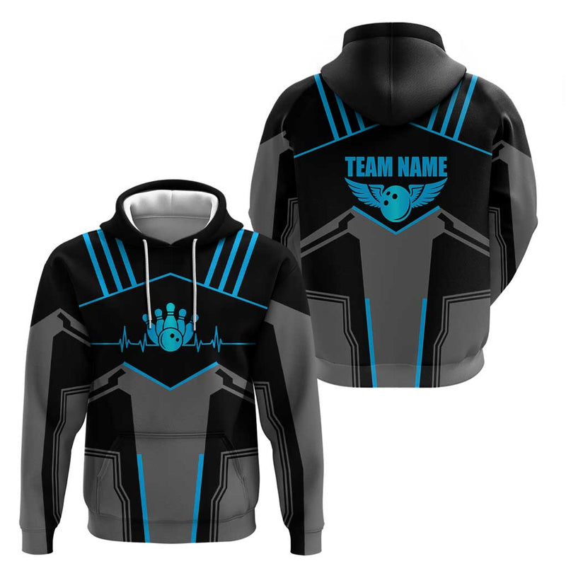 Custom Bowling Team with Blue Bowling Pin Heartbeat Graphic and Winged Emblem Hoodie