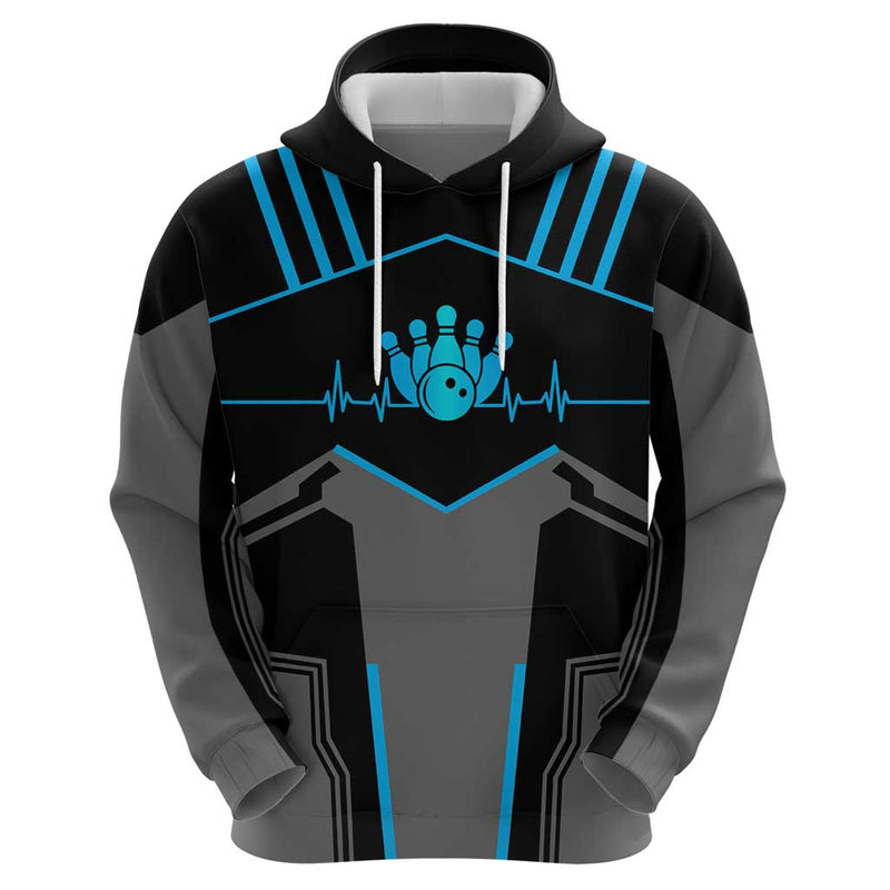 Custom Bowling Team with Blue Bowling Pin Heartbeat Graphic and Winged Emblem Hoodie