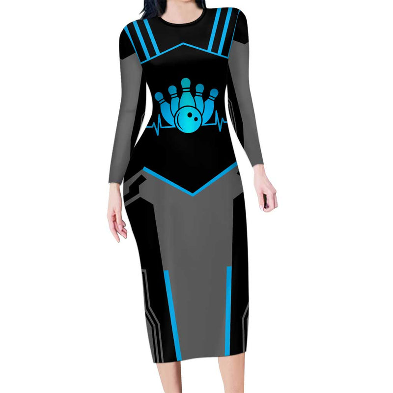 Custom Bowling Team With Blue Bowling Pin Heartbeat Graphic And Winged Emblem Long Sleeve Bodycon Dress