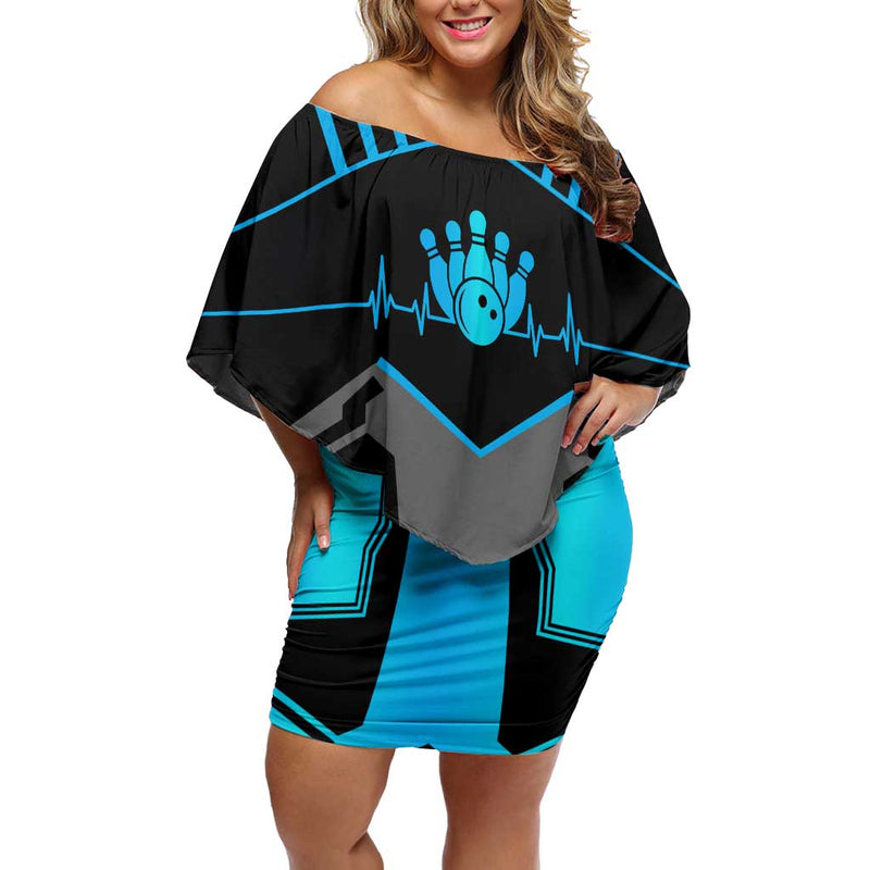 Custom Bowling Team With Blue Bowling Pin Heartbeat Graphic And Winged Emblem Off Shoulder Short Dress