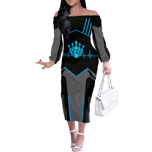 Custom Bowling Team With Blue Bowling Pin Heartbeat Graphic And Winged Emblem Off The Shoulder Long Sleeve Dress