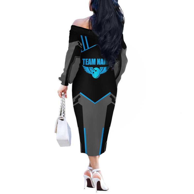 Custom Bowling Team With Blue Bowling Pin Heartbeat Graphic And Winged Emblem Off The Shoulder Long Sleeve Dress