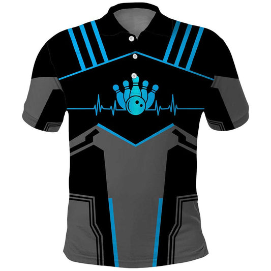 Custom Bowling Team with Blue Bowling Pin Heartbeat Graphic and Winged Emblem Polo Shirt