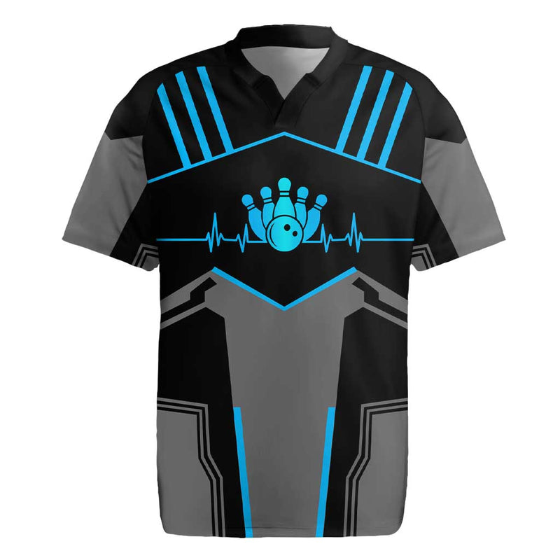 Custom Bowling Team With Blue Bowling Pin Heartbeat Graphic And Winged Emblem Rugby Jersey