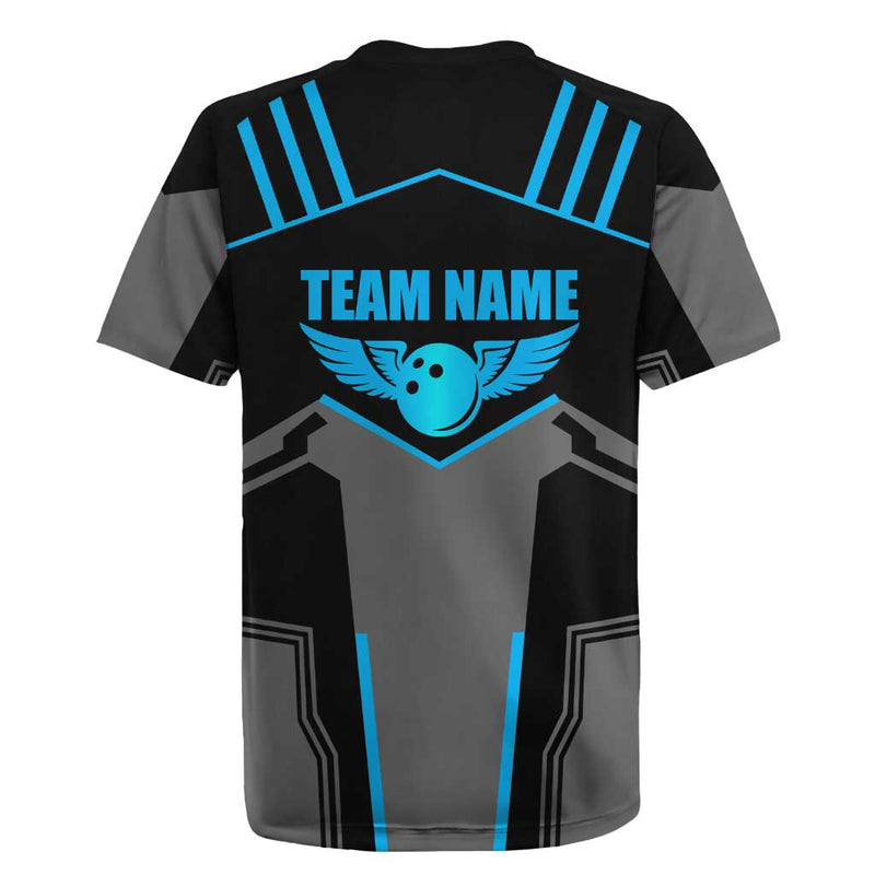 Custom Bowling Team With Blue Bowling Pin Heartbeat Graphic And Winged Emblem Rugby Jersey