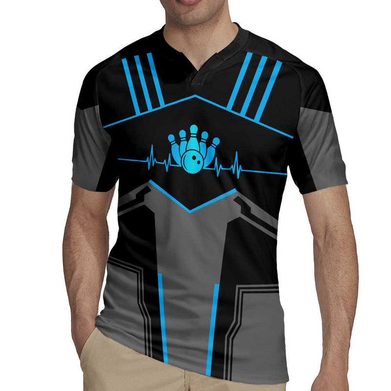 Custom Bowling Team With Blue Bowling Pin Heartbeat Graphic And Winged Emblem Rugby Jersey