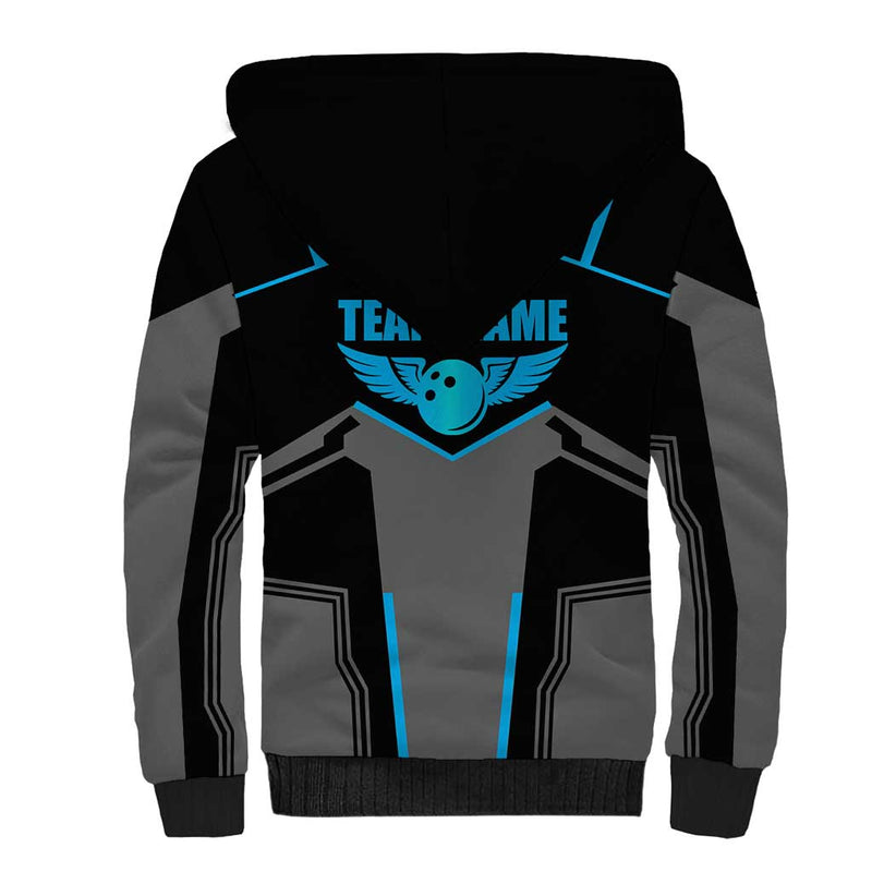 Custom Bowling Team with Blue Bowling Pin Heartbeat Graphic and Winged Emblem Sherpa Hoodie