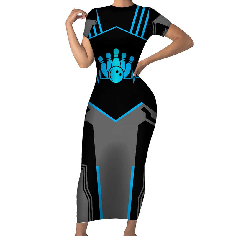 Custom Bowling Team With Blue Bowling Pin Heartbeat Graphic And Winged Emblem Short Sleeve Bodycon Dress