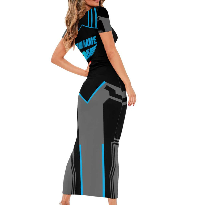 Custom Bowling Team With Blue Bowling Pin Heartbeat Graphic And Winged Emblem Short Sleeve Bodycon Dress