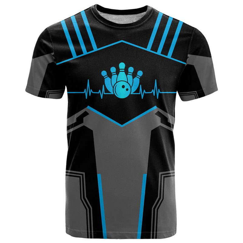 Custom Bowling Team with Blue Bowling Pin Heartbeat Graphic and Winged Emblem T Shirt