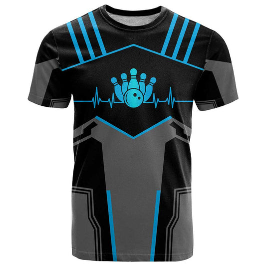 Custom Bowling Team with Blue Bowling Pin Heartbeat Graphic and Winged Emblem T Shirt