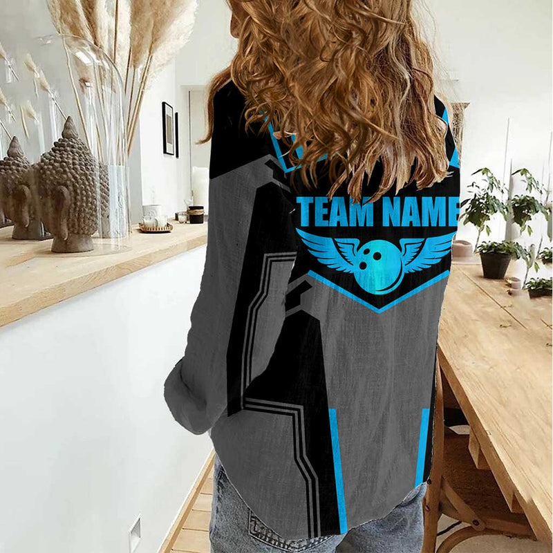 Custom Bowling Team with Blue Bowling Pin Heartbeat Graphic and Winged Emblem Women Casual Shirt