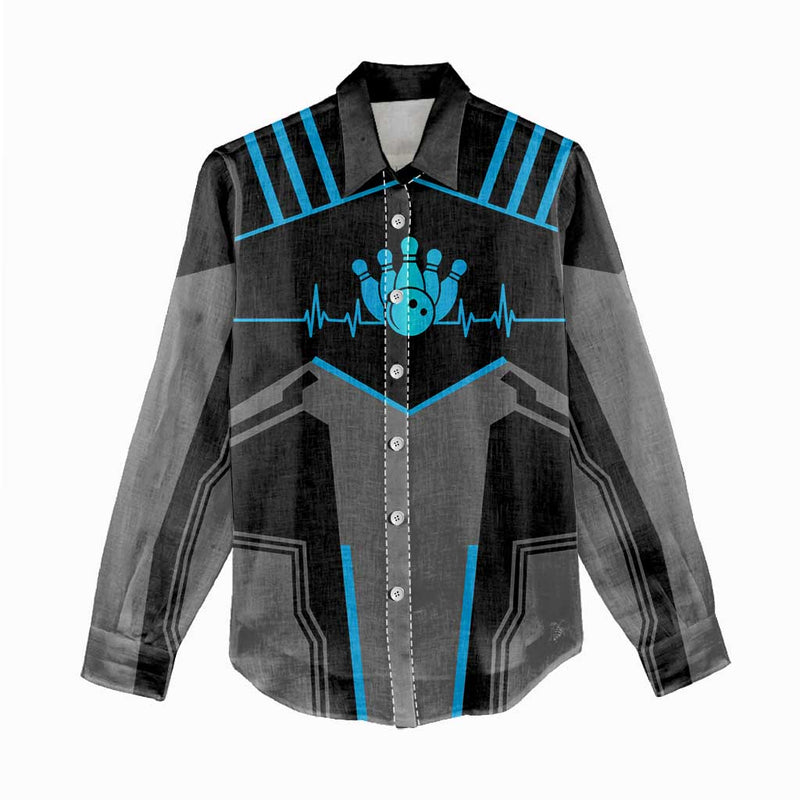Custom Bowling Team with Blue Bowling Pin Heartbeat Graphic and Winged Emblem Women Casual Shirt