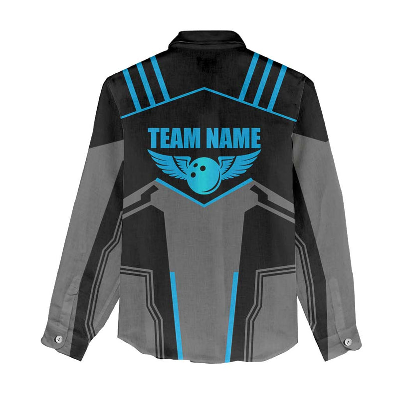 Custom Bowling Team with Blue Bowling Pin Heartbeat Graphic and Winged Emblem Women Casual Shirt
