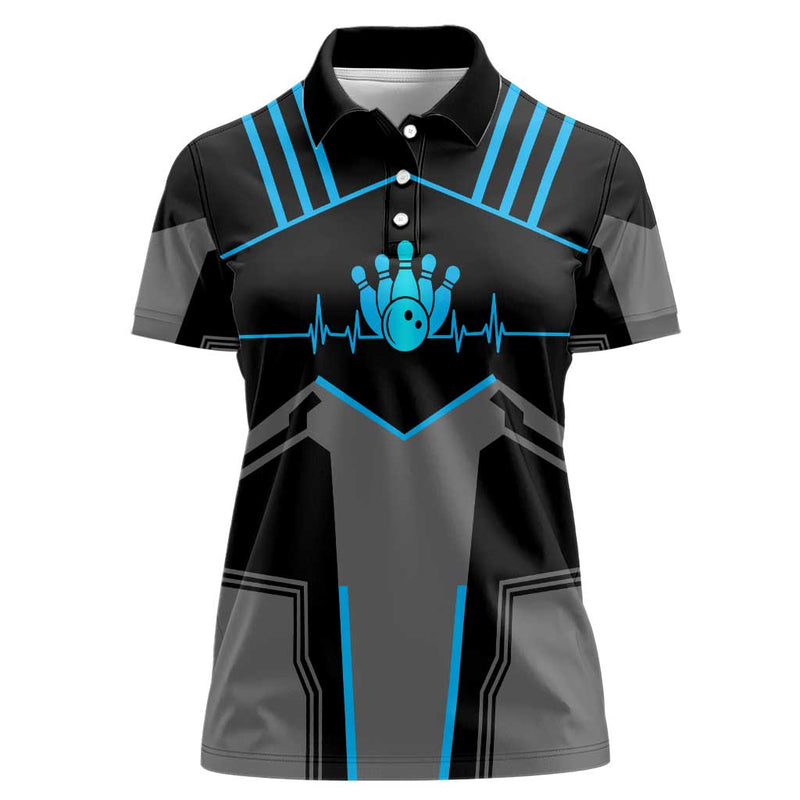 Custom Bowling Team with Blue Bowling Pin Heartbeat Graphic and Winged Emblem Women Polo Shirt