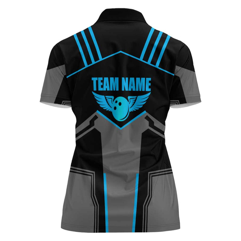 Custom Bowling Team with Blue Bowling Pin Heartbeat Graphic and Winged Emblem Women Polo Shirt