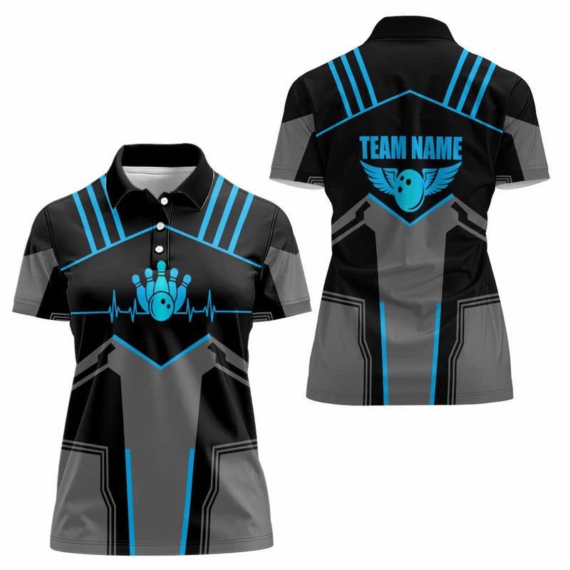 Custom Bowling Team with Blue Bowling Pin Heartbeat Graphic and Winged Emblem Women Polo Shirt