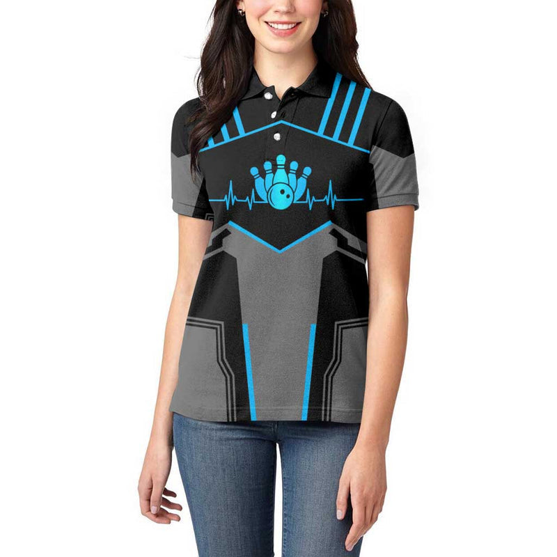 Custom Bowling Team with Blue Bowling Pin Heartbeat Graphic and Winged Emblem Women Polo Shirt
