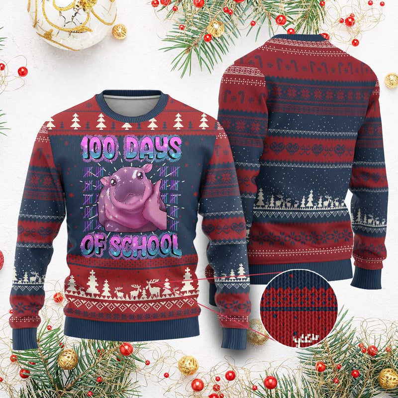 100th Day Of School Ugly Christmas Sweater Cute Moo Deng Baby Hippo 100 Days