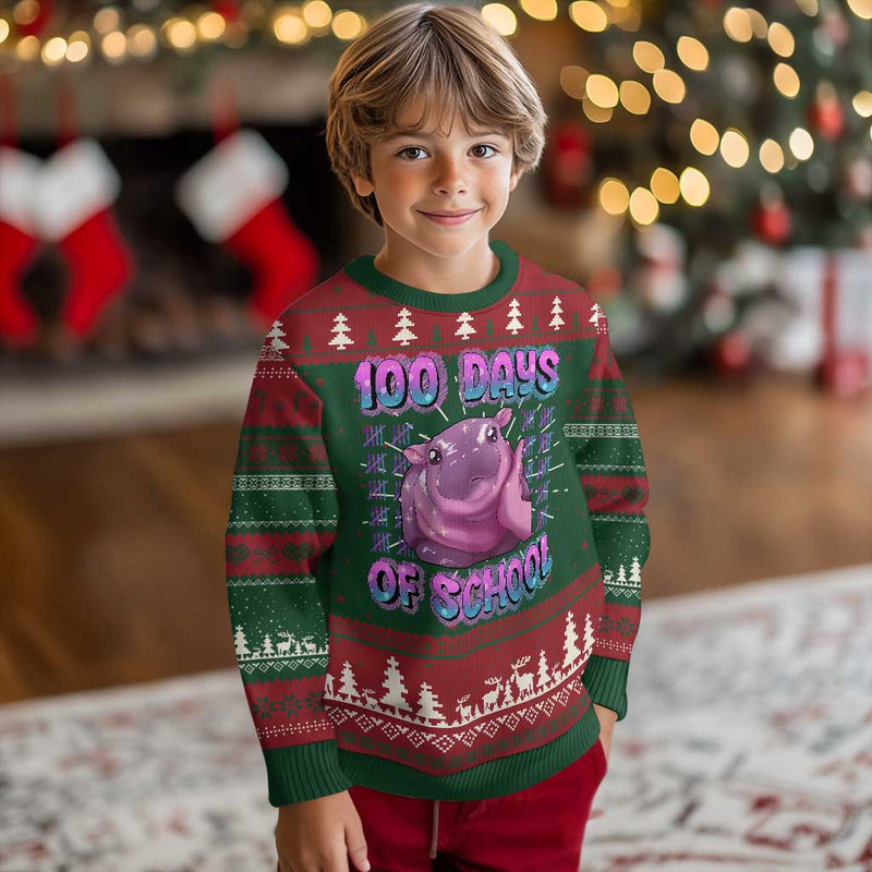 100th Day Of School Ugly Christmas Sweater Cute Moo Deng Baby Hippo 100 Days