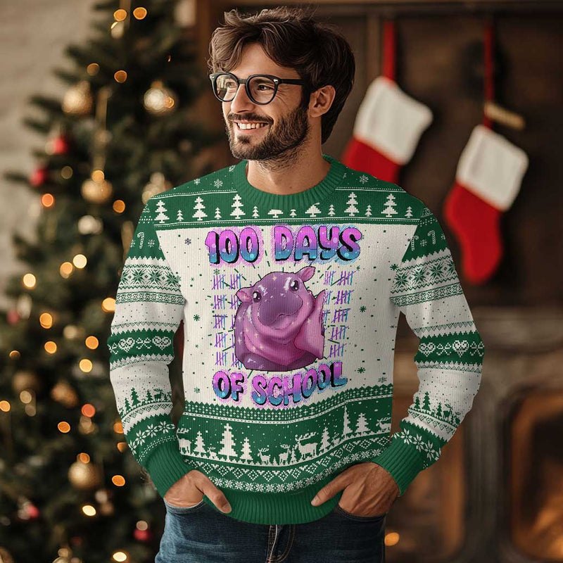 100th Day Of School Ugly Christmas Sweater Cute Moo Deng Baby Hippo 100 Days